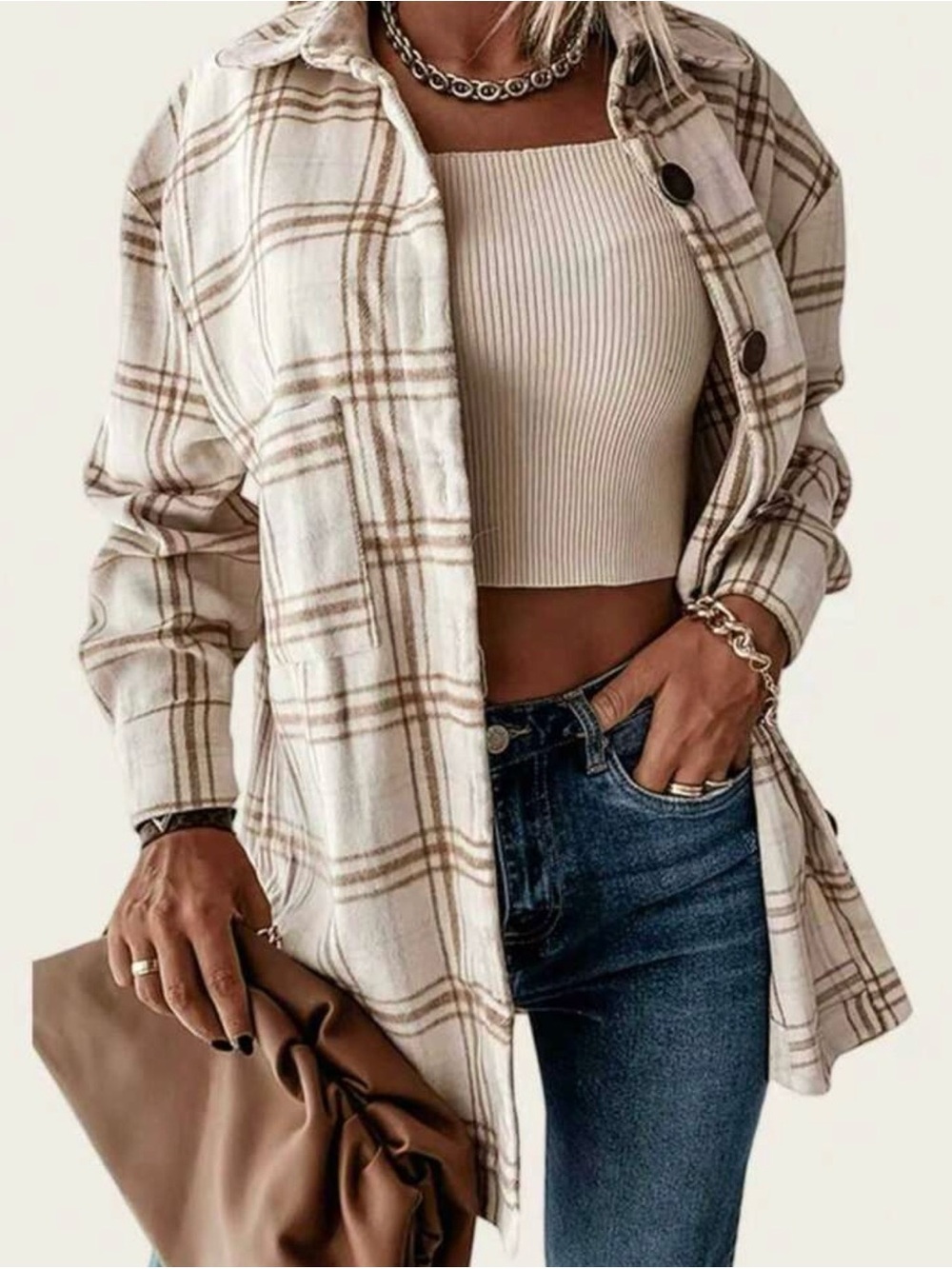 Neutral Plaid Shacket Flannel